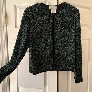 Adrianna Papell Women's Dark Green and Black Textured Open Front Jacket